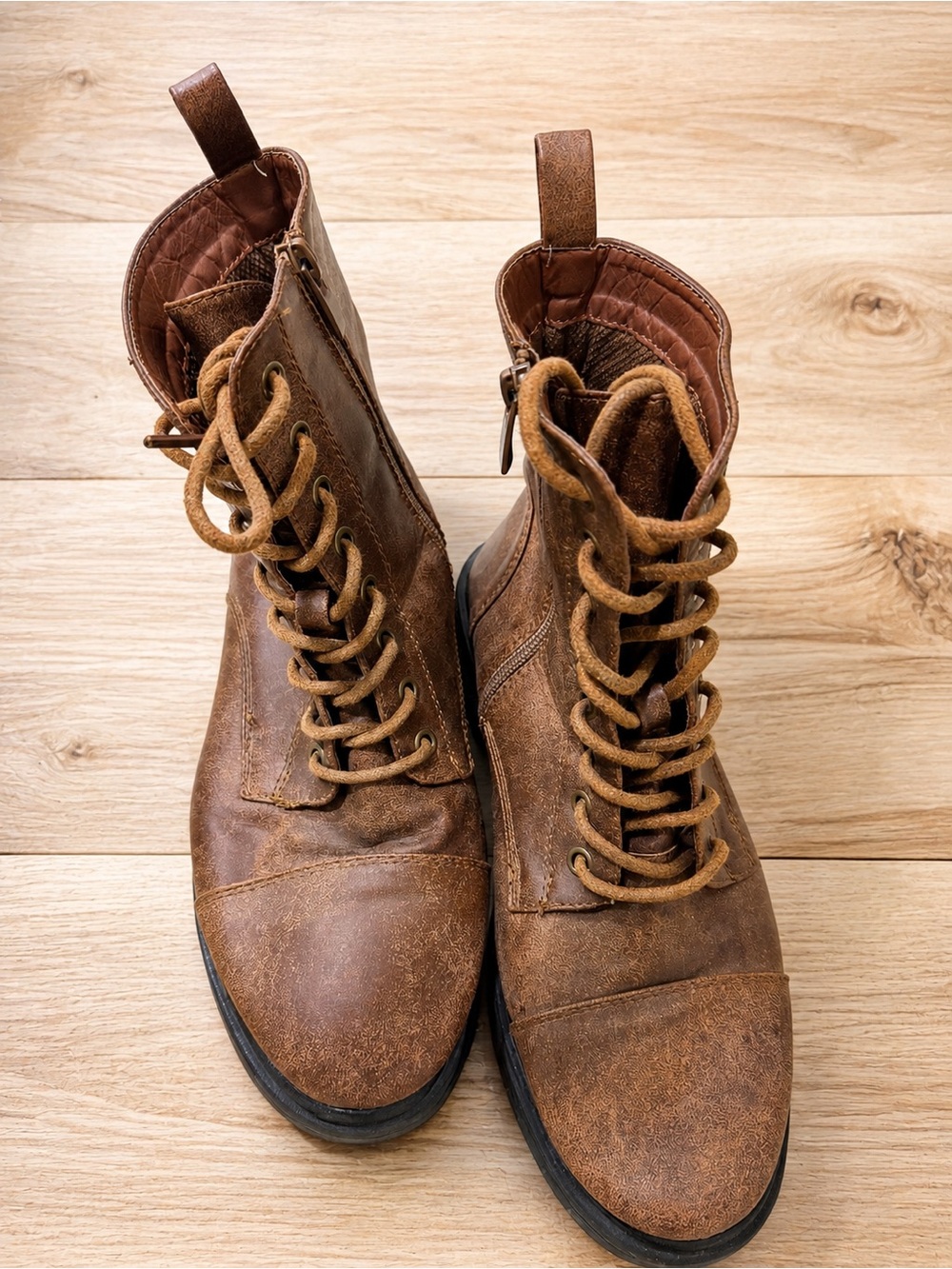Source Unknown Brown Lace-Up Ankle Boots with Side Zip